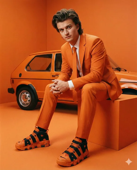 High fashion editorial in a strong light orange color space