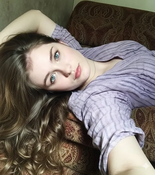 A beautiful woman with turquoise eyes taking a selfie on the sofa