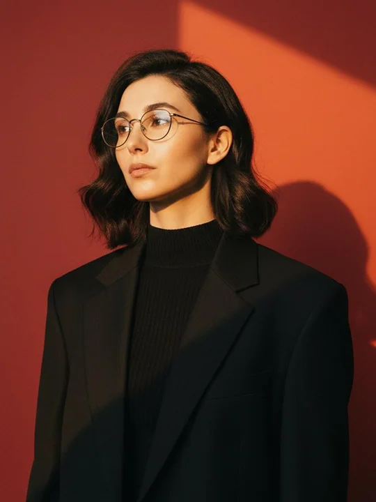 Elegant Black-Suit Woman in the Glow of Red Walls