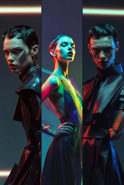 Avant-garde Fashion Triptych: Supermodel's Intense Gaze