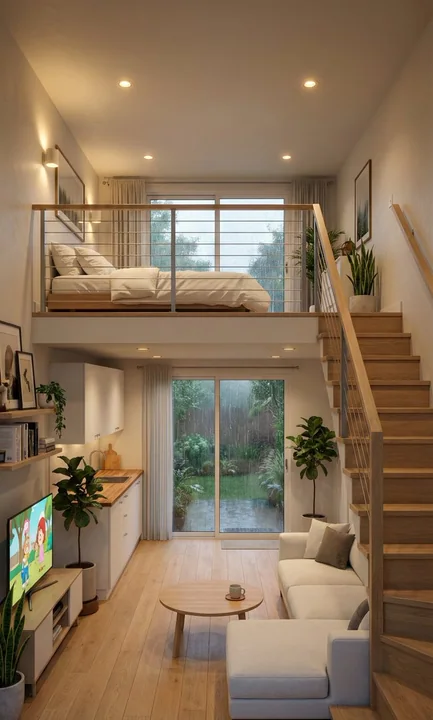 Appartement duplex avec de la lumière chaude à l'intérieur et une pluie battante à l'extérieur