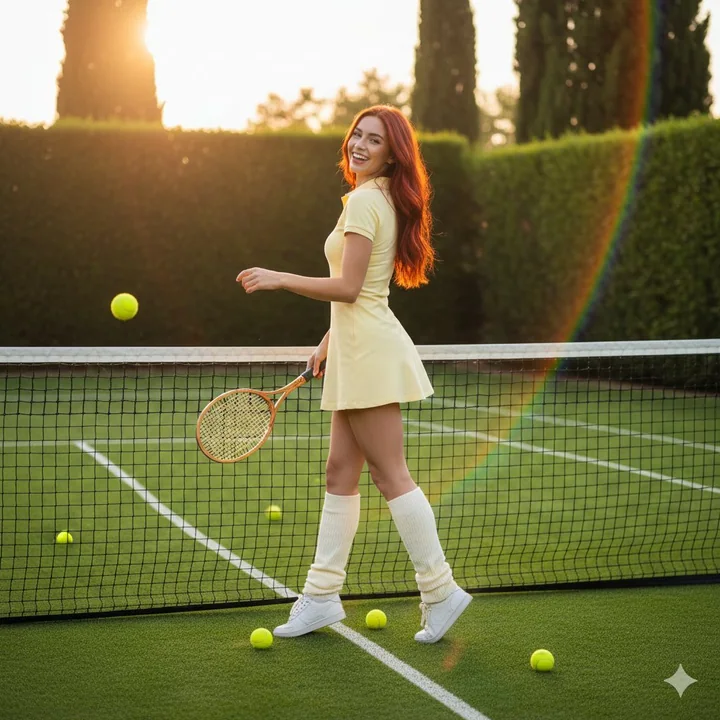 A tennis girl glancing back with a smile under a golden sunset