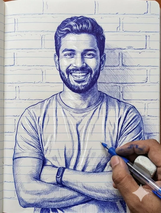 رسم سري لشخصية ملاحظة مرسوم بحبر أزرق أبيض