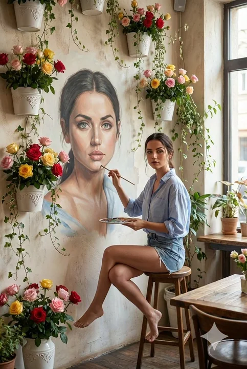 Girl in a café drawing her own face with a pen