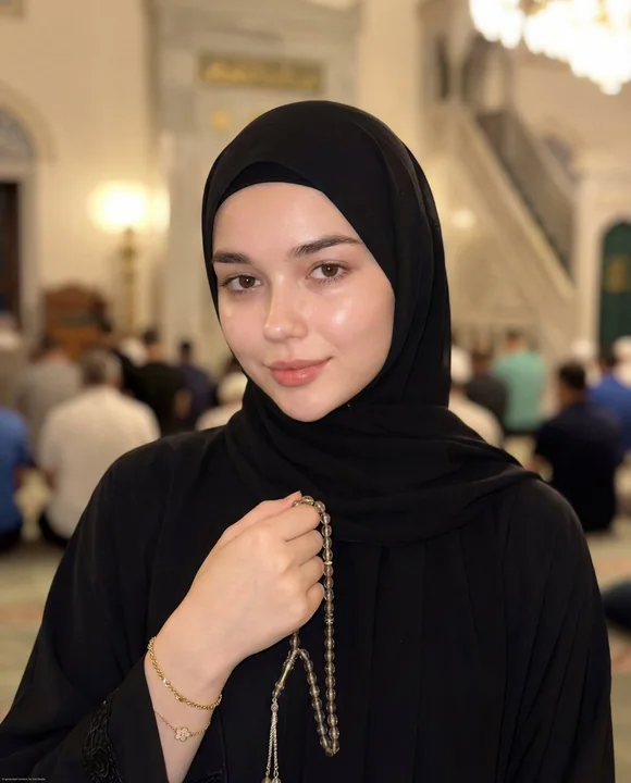 Jeune fille silencieuse tenant un chapelet dans une mosquée