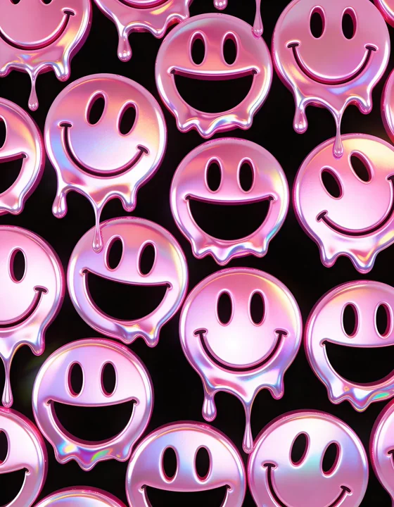 Poussière fantôme : motif sombre de visage souriant en fusion holographique