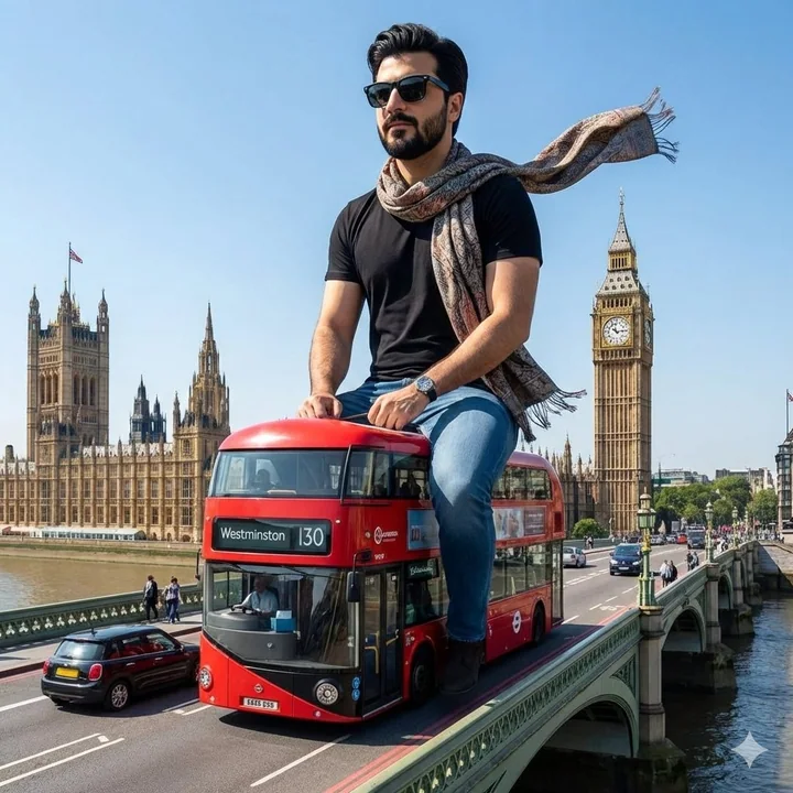 Un géant fashionista conduit un mini-bus à travers Londres