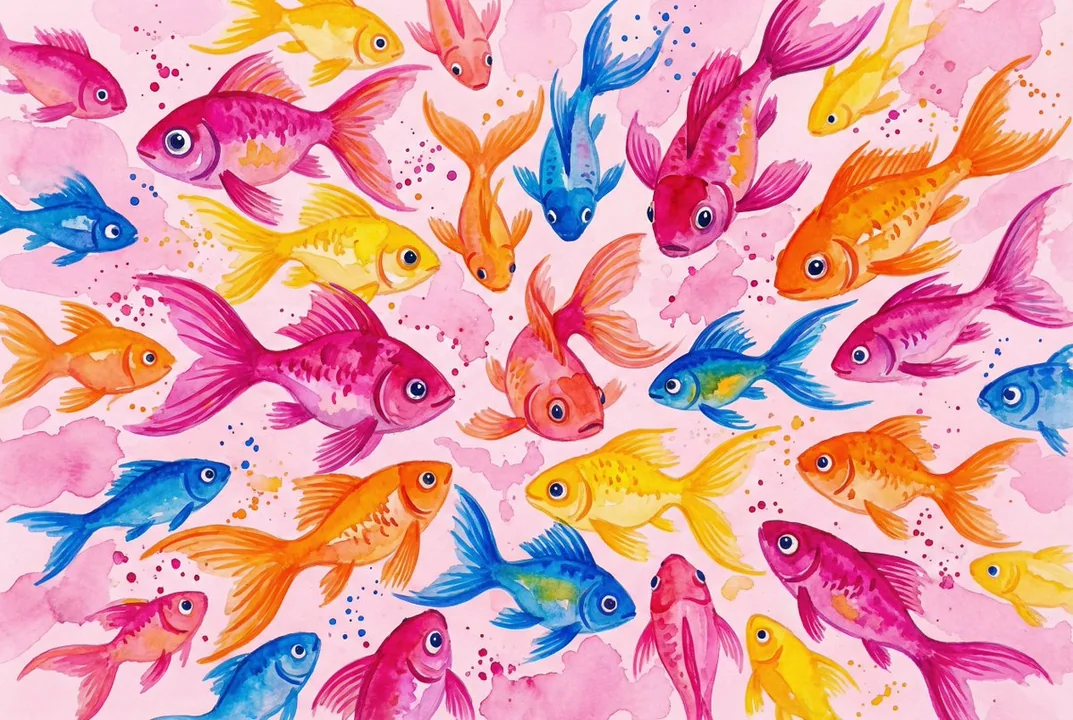Playful colorful schools of fish under watercolor brushstrokes
