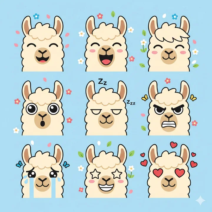 Sticker d'emoji alpaga au style vectoriel plat