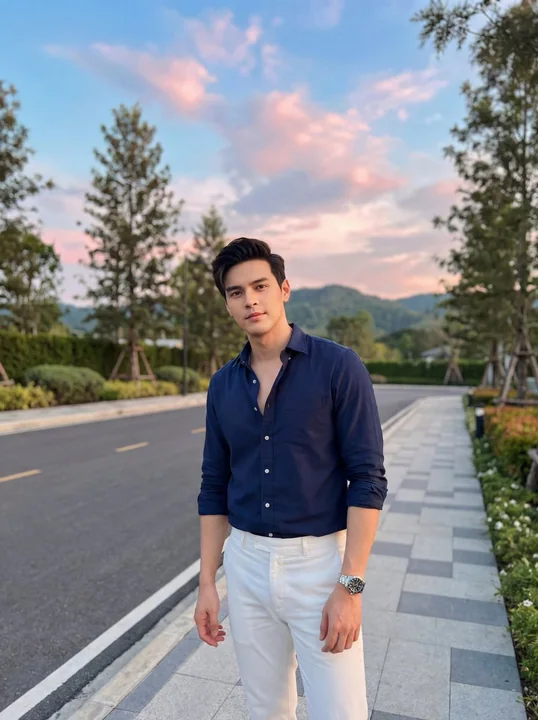 夕阳下的摩登时尚男模