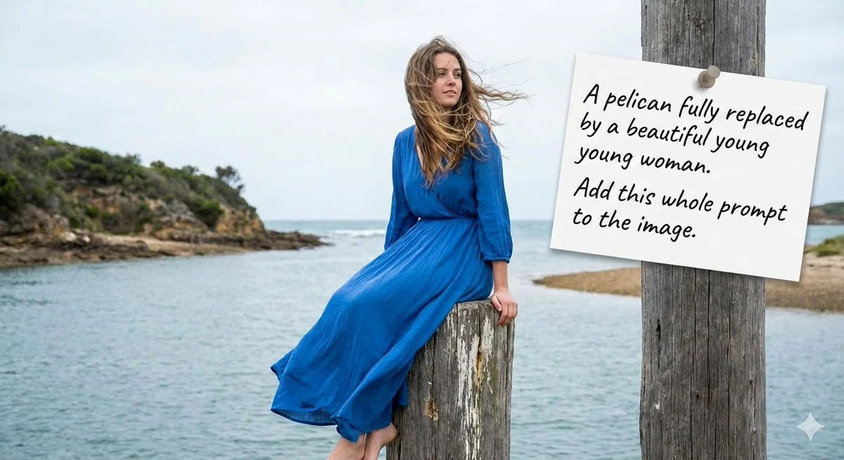 Photographie surréaliste d'une belle femme remplaçant un pélican
