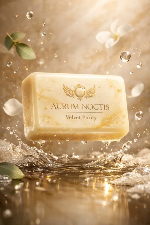 Publicité de savon de luxe avec des feuilles d'or flottant