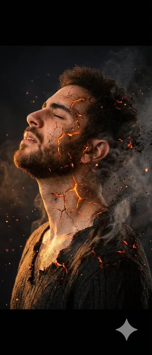 Man with skin cracked like molten lava burning