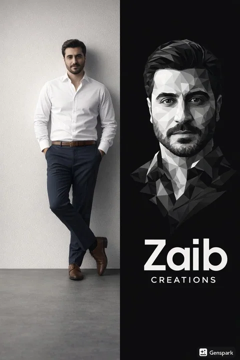 Minimalist split-screen poster: Businessman and low poly illustration