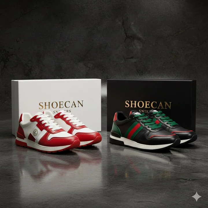 Suspended, colorful high-end sneakers advertisement.