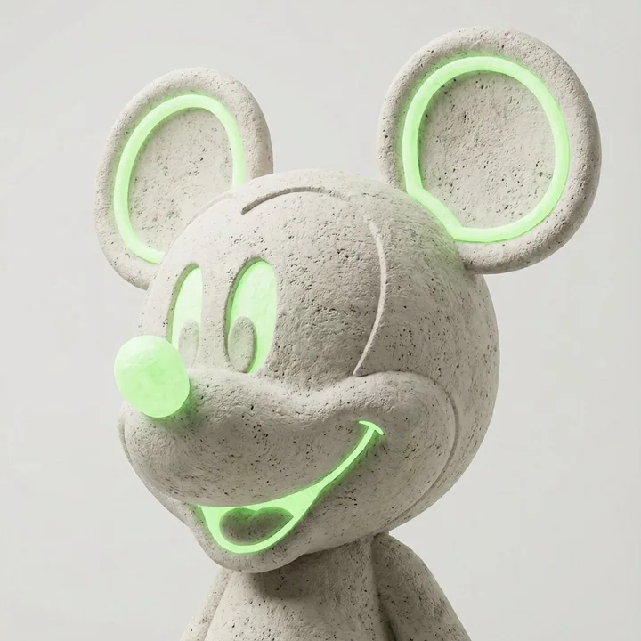 Neon green glow of a greyish-white limestone bust