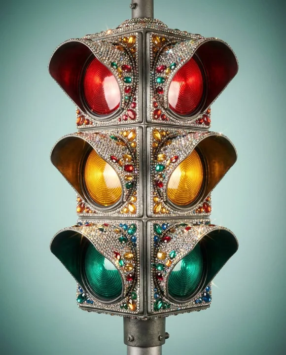 Close-up of a vintage traffic light with gemstone inlays