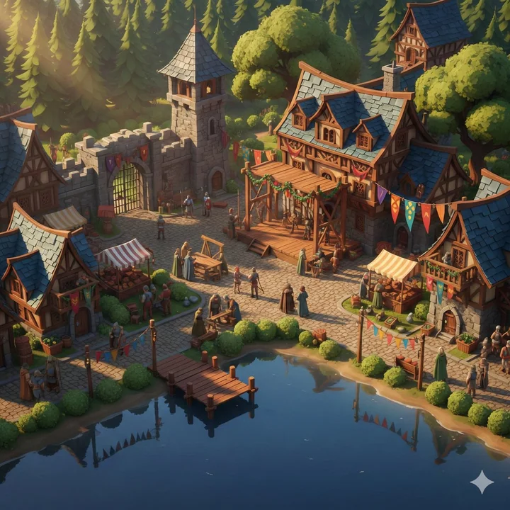 Petit village médiéval fantastique sous une pluie dorée