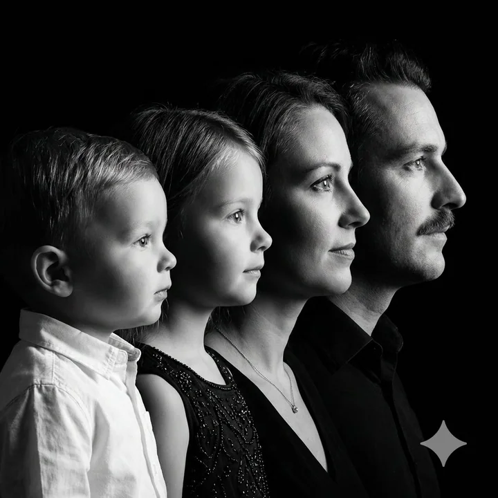 Ombre et lumière éternelles sur le profil d'une famille de quatre personnes