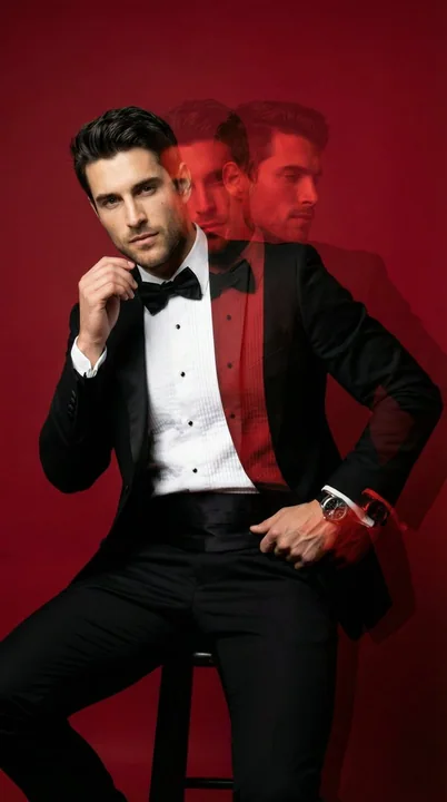 Multiple Exposure Tuxedo in Deep Red Studio
