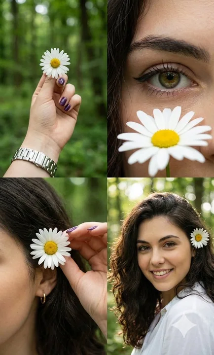 Four-panel light and shadow collage of a forest girl and a white daisy
