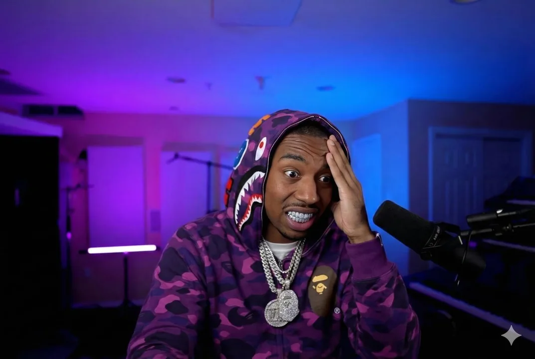 Le rappeur éblouissant vêtu d'un BAPE à motifs camouflage pourpre
