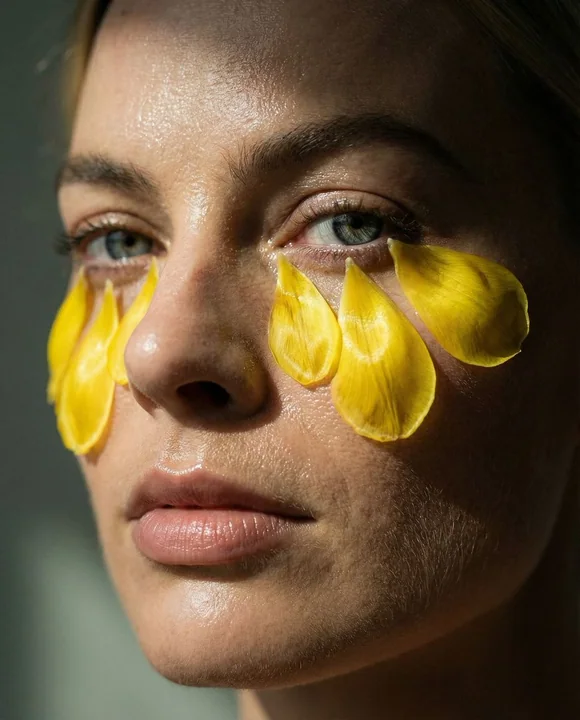 Portrait surréaliste au micro-objectif où les pétales se transforment en larmes
