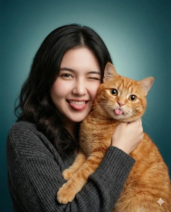 少女がオレンジの猫を優しく抱きしめ、いたずらっぽく舌を出す
