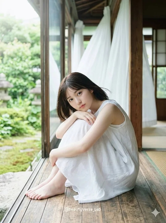 夏の縁側に立つ純白な空靈少女