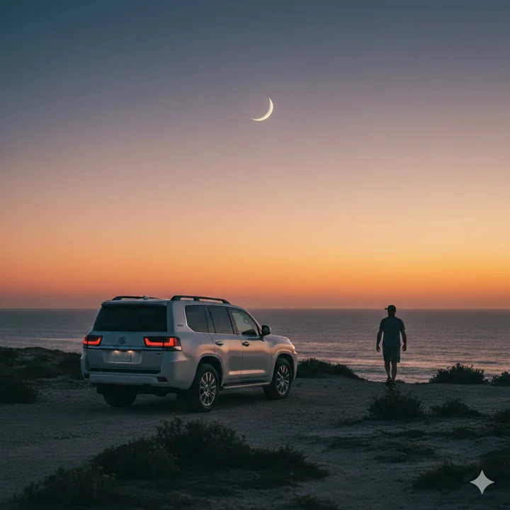 Le moment paisible de la côte au crépuscule et de la Landcruiser blanche