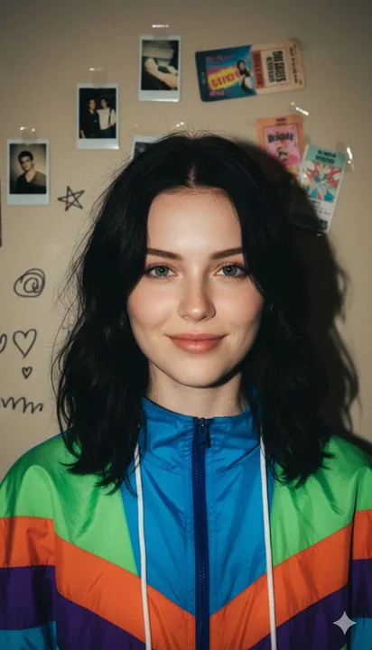 Portrait de jeune fille vintage des années 90 avec flash