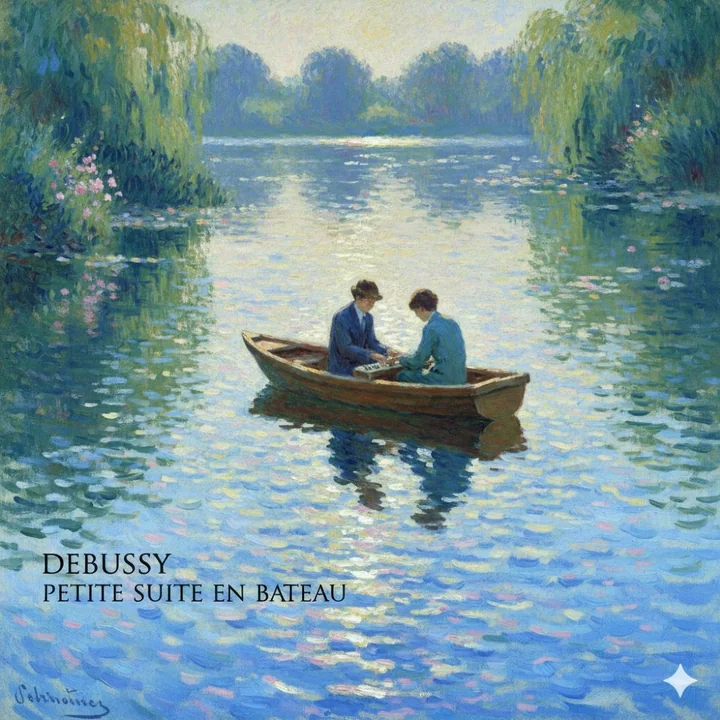 Monet's brushstrokes capture the shimmering blue waters and light boats.
