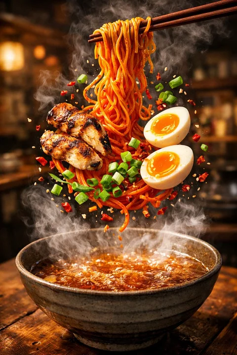 Nouilles au poulet en flammes en ralenti