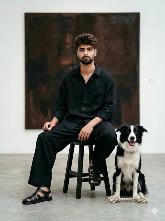 Young man in black clothes with his beloved dog in the minimalist gallery