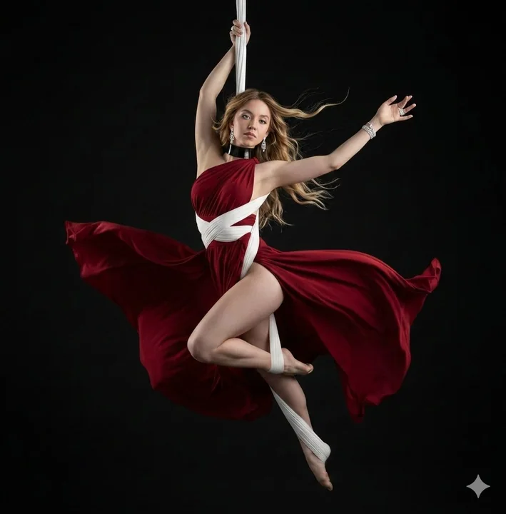 Танцор в красном шелке на фоне ночного неба