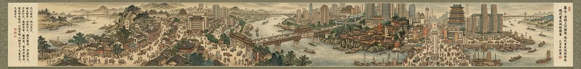 Longue peinture de la scène de la ville moderne, "La Paix et la Prospérité de la Rivière Bian"