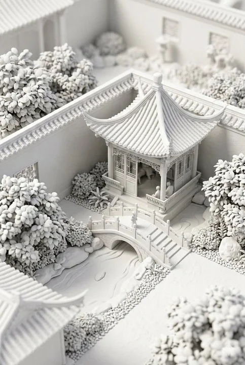 纯白黏土风中式庭院微缩景观