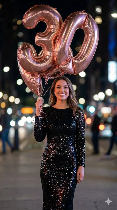 Nuit scintillante d'une jeune fille en robe noire et de ballons en or rose