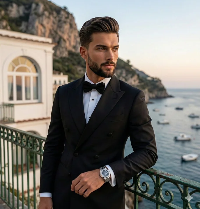 الرجل الأنيق في ضوء غروب الشمس في البحر الأبيض المتوسط