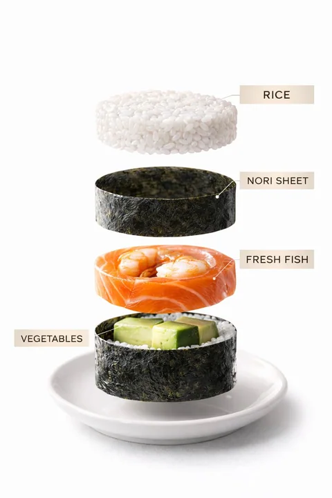 Sushis élégants sur plaques de pierre et compositions déstructurées soignées