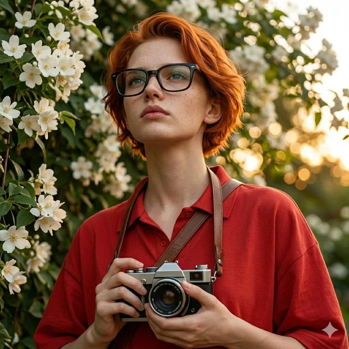 Jeune fille artistique entourée de fleurs blanches