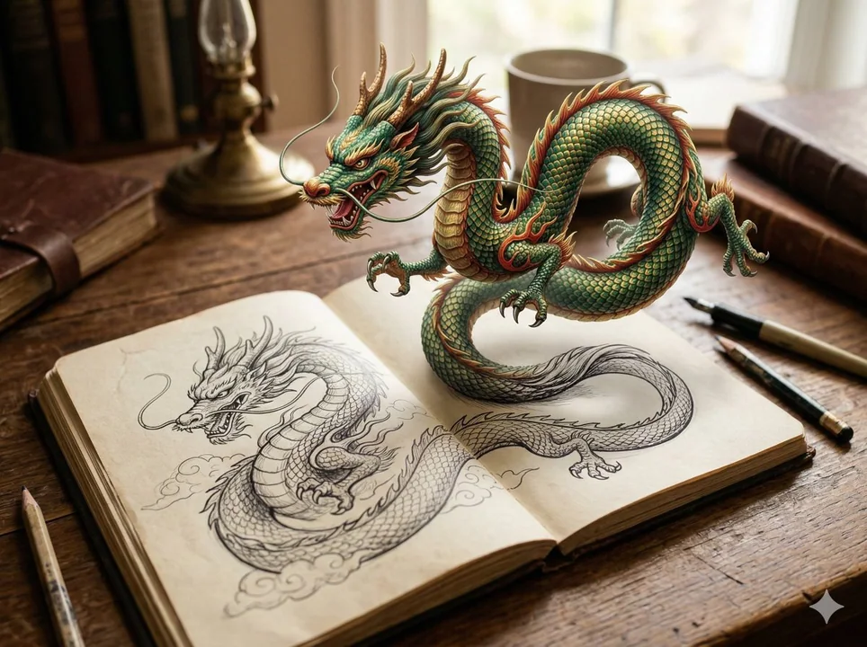 Le dragon divin sur le papier brise les murs et se transforme en une véritable scène fantastique.