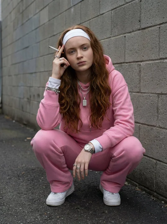 Portrait de rue d'une jeune fille en tenue de sport rose