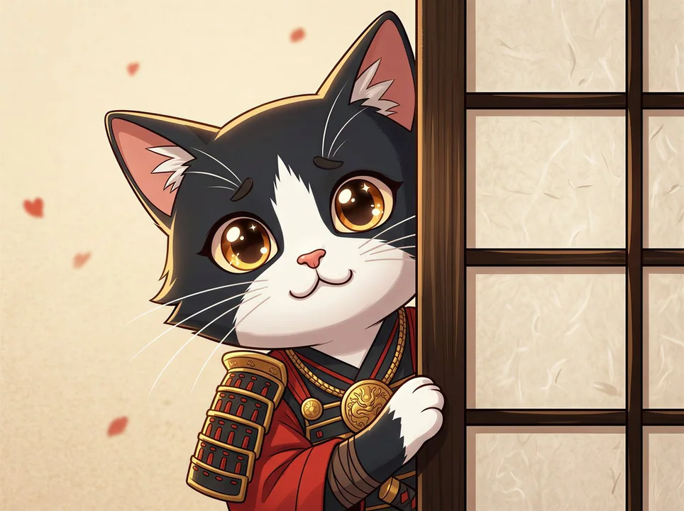 A small cat's eyes peek out from behind the wall, staring at you hungrily.