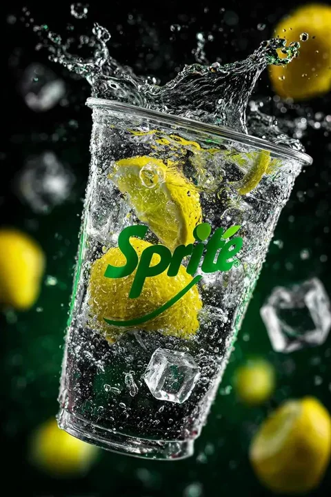 Close-up of a suspended Sprite under neon green light