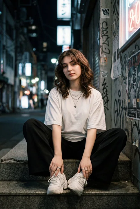 夜の巷で撮るリラックスしたストリートファッション