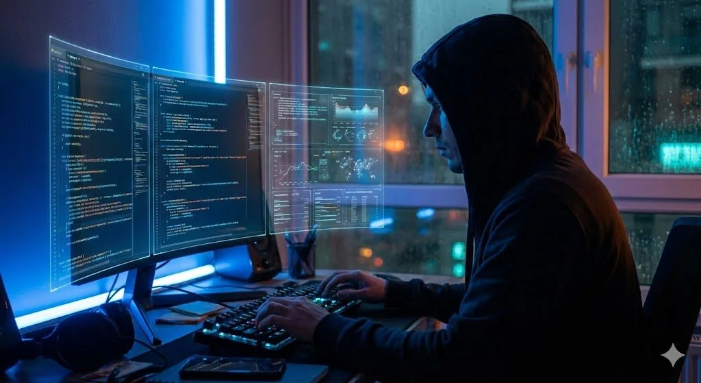 هندسة الأفلام السوداء التكنولوجية أمام شاشة ثلاثية الأبعاد في منتصف الليل