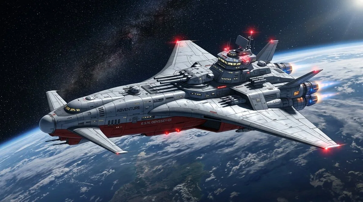 Red interstellar warship cruising in low Earth orbit