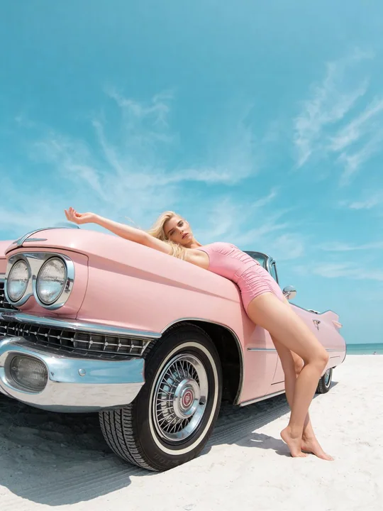 Summer Beauty on a Vintage Pink Car
