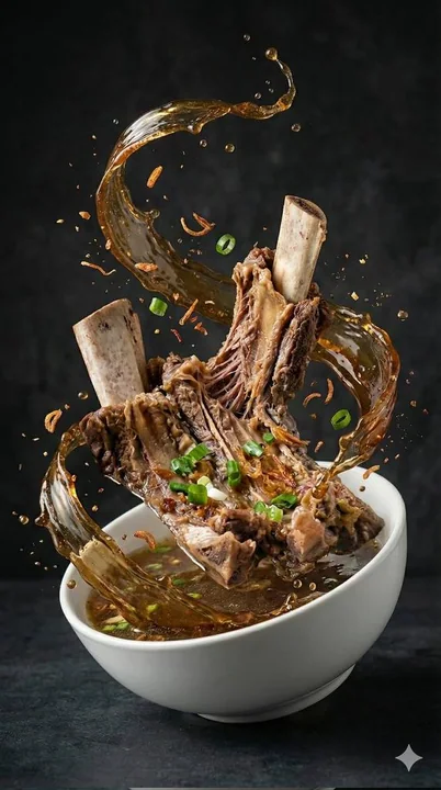 Фотография еды с брызгами горячего бульона и висящими костями мяса